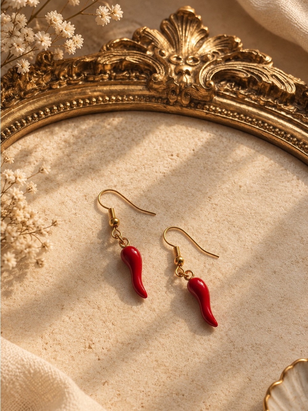 Gold Hook Red Chili Drop Earrings by